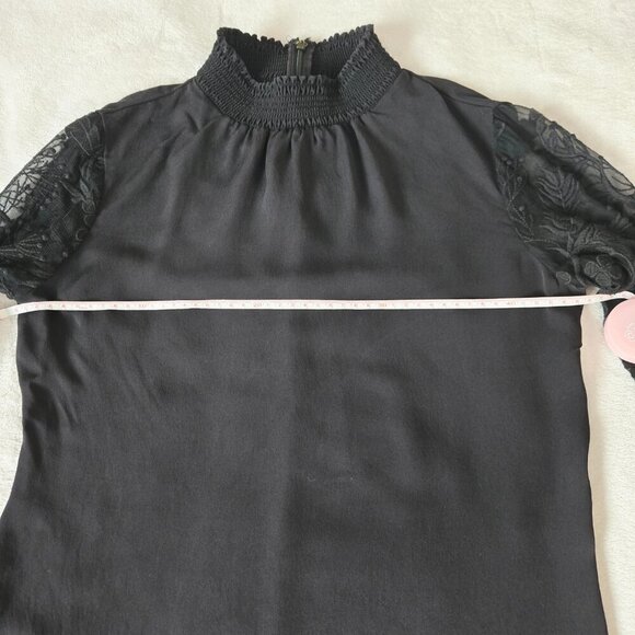 Elie Tahari Black 100% Silk Blouse with Sheer Floral Lace Sleeves Size XS - Picture 7 of 12